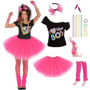 9788 Women's 80's Costumes With Accessoriess Set Rose Tutu